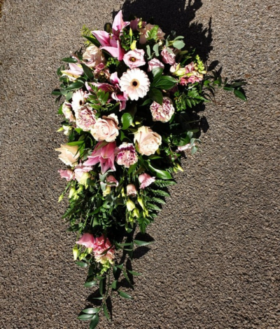 Pink Single Ended Spray - A single ended coffin spray in mixed pink flowers.