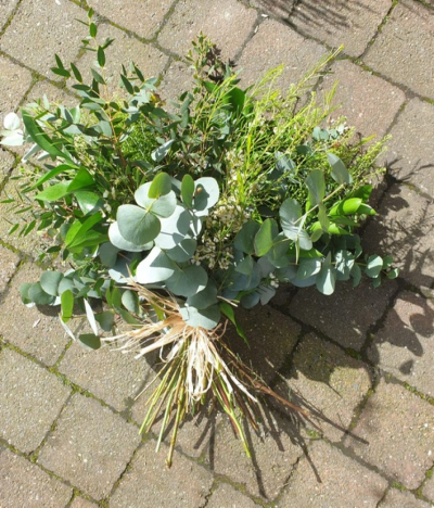 Foliage Bouquet - A large long lasting bouquet of mixed seasonal foliage, which can stand alone or can have flowers added to by the recepient and then changed as the flowers fade at different times.  The foliage may include mixed eucalyptus, mixed ruscus, thlaspi, spruce, acacia, mimosa, palms buxus and myrtle depending on availability.  We will highlight with filler flowers such as waxflower, genista, gypsophelia, solidago, liumonium.  The bouquet will be spiral hand tied but can be split for different uses.