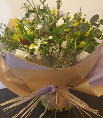 British Flowers Bouquet*depending on availability - Seasonal bouquet of British flowers available.  The pictured bouquet is with spring flowers and foliage.  The bouquet is unstructured and always with the freshest flowers and foliage.  Thank you for supporting our British flower industry.